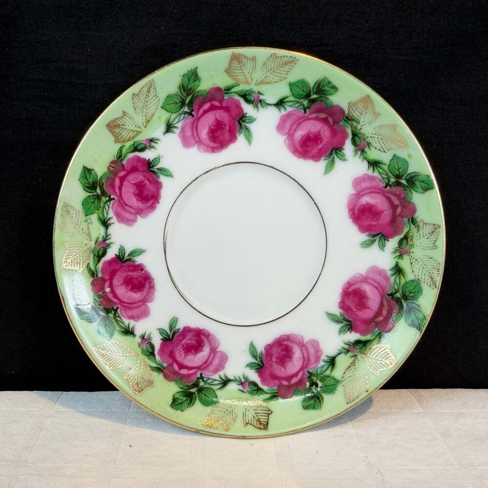 Richard Floral Porcelain Saucer Plate Pink Roses Green Rim Gold Leaves 4.5” JP